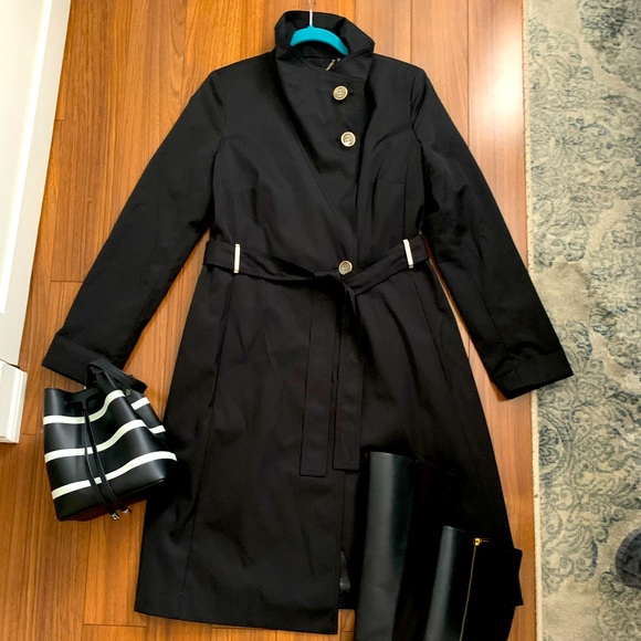 Black Trench Coat with Funnel Neck Detail - Picture 2 of 4